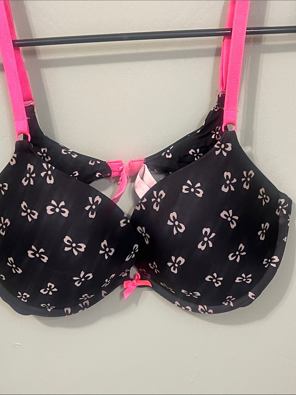 Victoria's Secret Black Bra with Bow Print and Hot Pink Straps